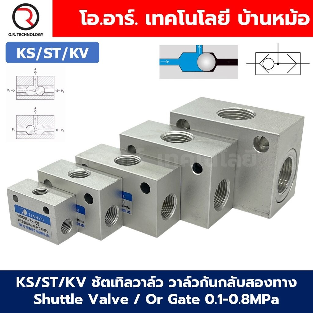 KS/ST/KV ชัตเทิลวาล์ว วาล์วกันกลับสองทาง Shuttle Valve / Or Gate 0.1-0.8MPa วาล์วลม 2ทาง KS-06/08/10/15/20/25 วาล์วลม...