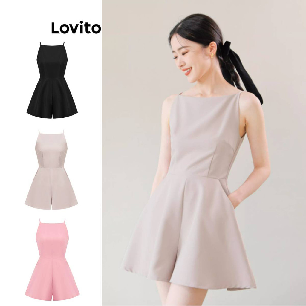 Lovito จั้มสูทผู้หญิง แต่งจีบ สีพื้น สไตล์ลำลอง L80ED343(หลากสี)