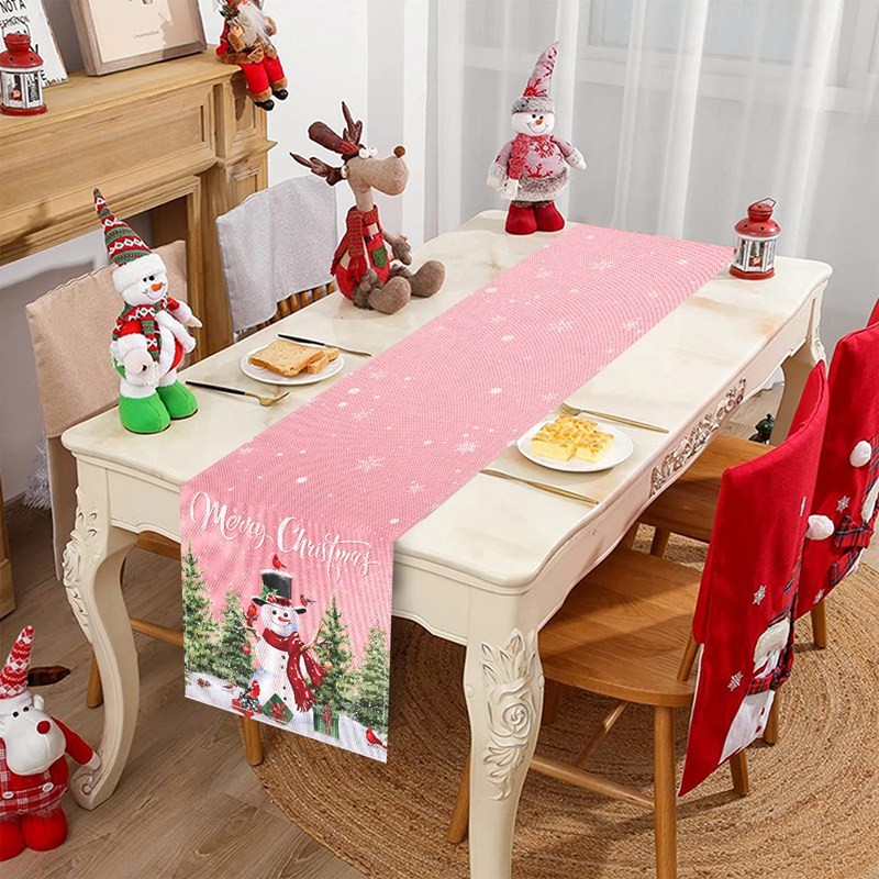 183*33 ซม.สีชมพูผ้าลินินคริสต์มาสตาราง Runner Snowman Xmas Tree รูปแบบตารางธงตกแต่งตารางคริสต์มาส Decortaion สําหรับ Home 2024 สวัสดีปีใหม่ 2025 Decoeations