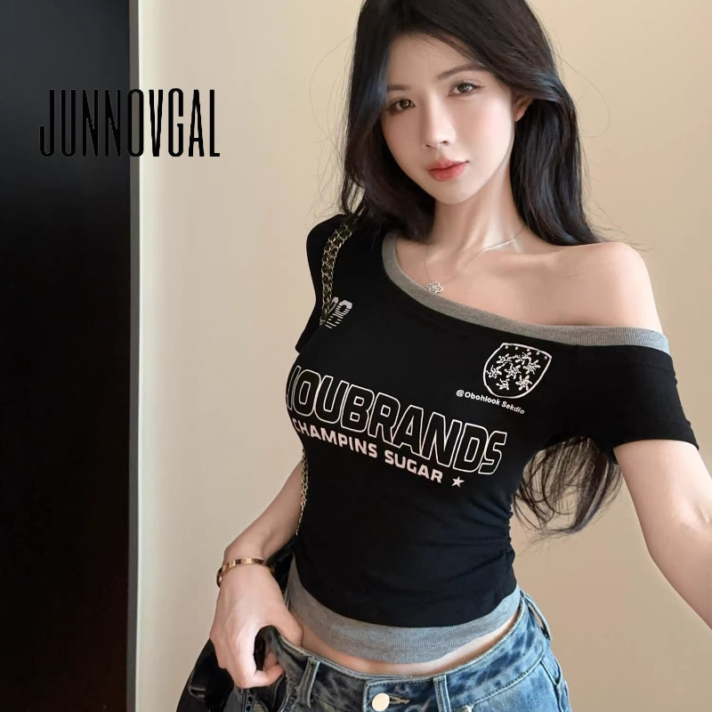 JUNNOVGAL สkrew collar แขนสั้น พิมพ์เสื้อยืด แฟชั่นใหม่สำหรับวัน.daily casual y2k