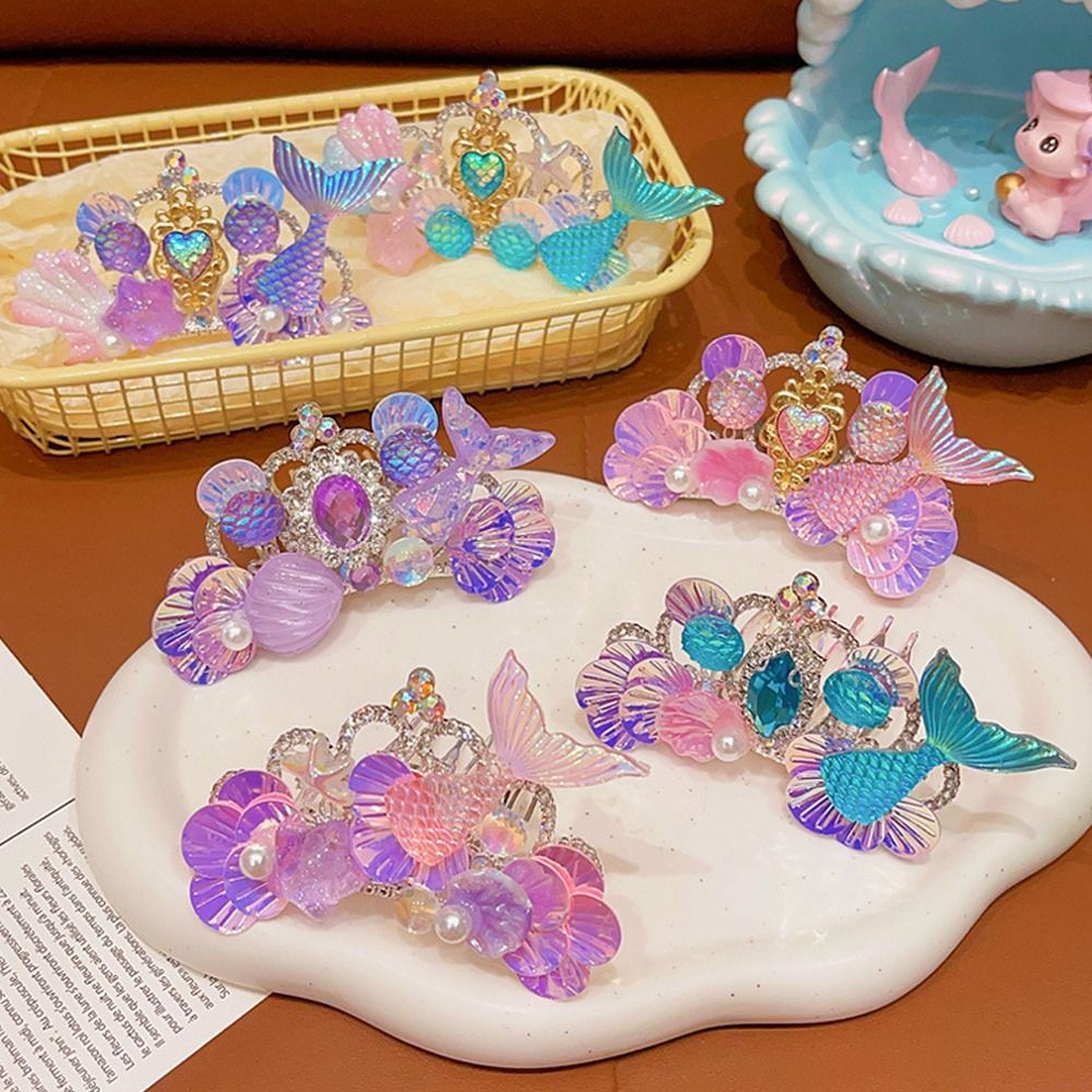 มงกุฎเจ้าหญิงนางเงือก พร้อมหวีทรงทะเล และเครื่องประดับผม Rhinestone น่ารัก