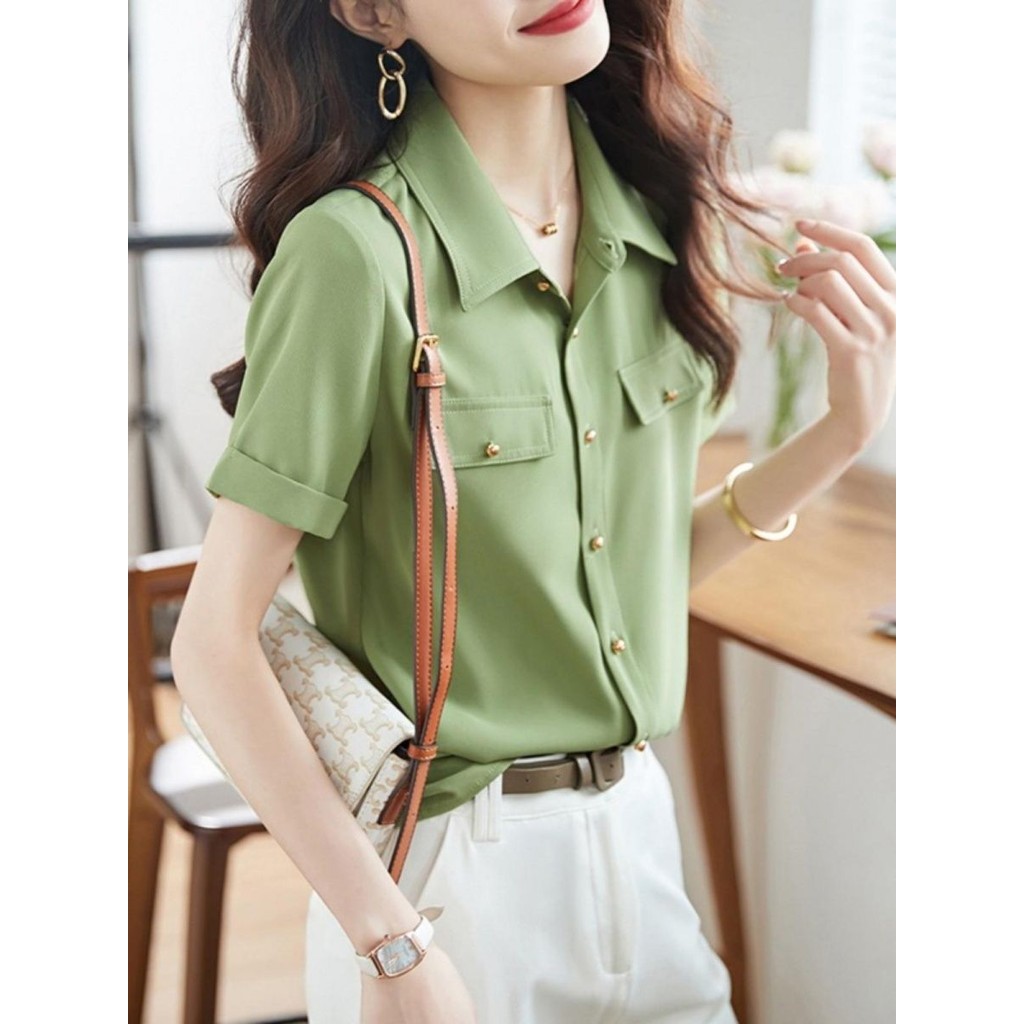 T Classy สีทึบเสื้อแขนสั้นผู้หญิงลดอายุ 2024 Design Niche แฟชั่นชีฟอง Top 7.7