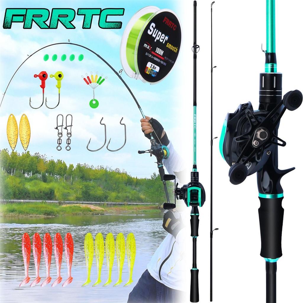 FRRTC ชุดอุปกรณ์ตกปลาคันเบ็ดคาร์บอนคันเบ็ดแบบหล่อพกพา 2 ส่วนและอัตราทดเกียร์ 7.2:1 18+1BB รอกเบทคาสติ้งสำหรับชุดอุปกรณ์ตกปลาสำหรับผู้เริ่มต้นเดินทาง