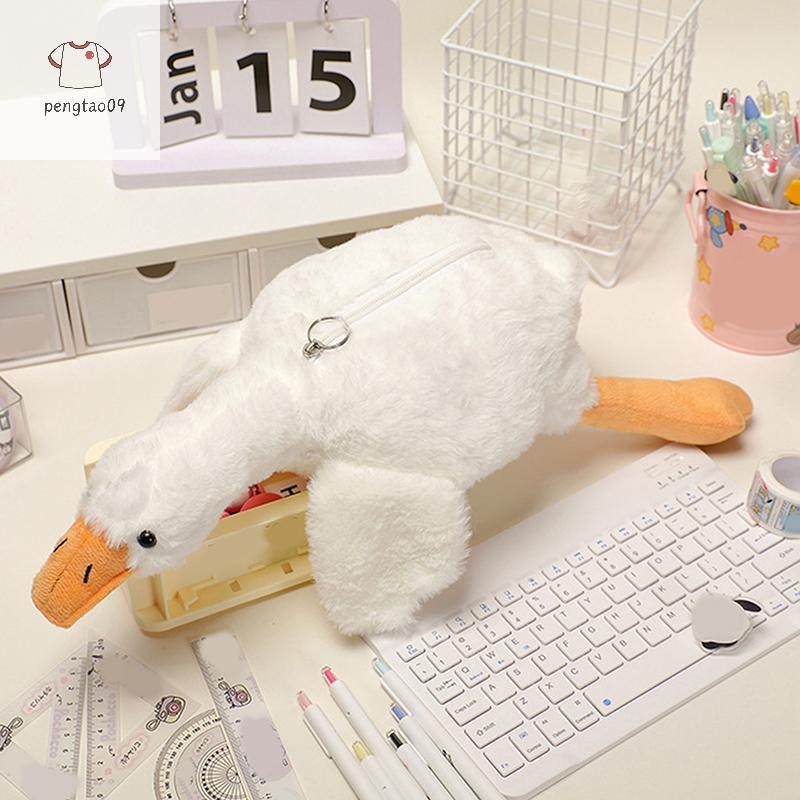 Pengtao09 การ์ตูนห่านสีขาวตุ๊กตาปากกากระเป๋าตลกนักเรียนสัตว์กรณีดินสอแฟชั่นเครื่องเขียนเก็บกระเป๋าน่ารักกระเป๋าดินสอของขวัญใหม่