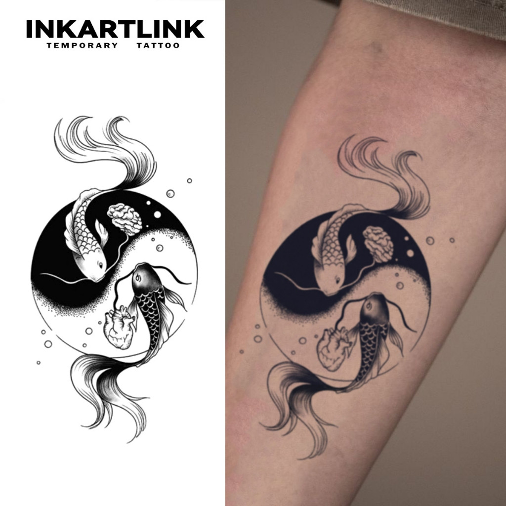 INKARTLINK สติ๊กเกอร์รอยสักMinimalist Yin Yang Koi ดีไซน์สวยงาม กันน้ำติดทนนาน