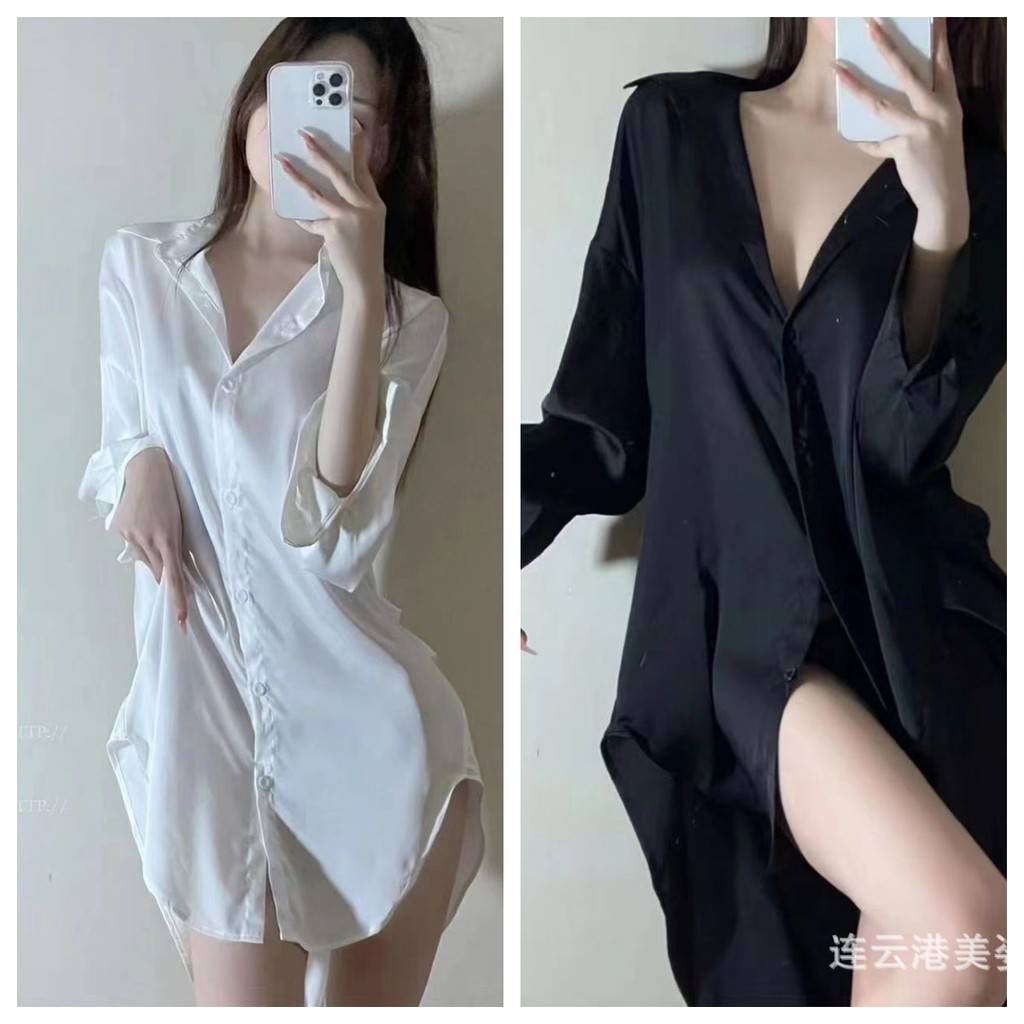 PolarNight ชุดนอนเซ็กซี่ เสื้อแฟน ชุดนอนเสื้อเชิ้ตผ้าไหมน้ำแข็ง เนื้อผ้าใส่สบาย พร้อมส่งจากไทยH9068