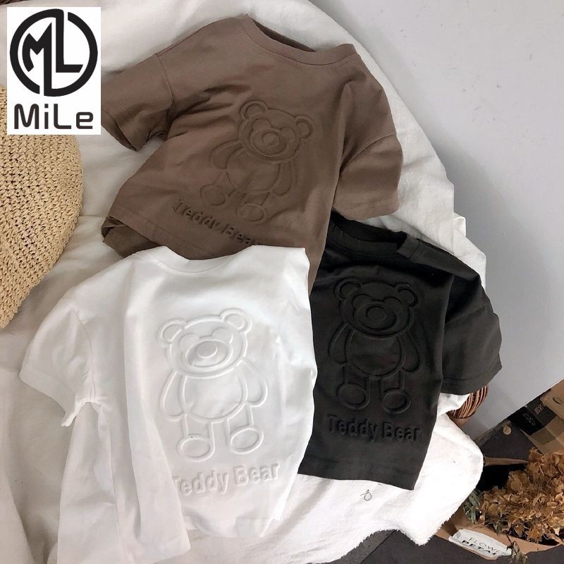 เสื้อยืดเด็กชายผ้าฝ้ายนุ่ม พร้อมลายพิมพ์หมีสามมิติ ขนาด 80-150 ซม.