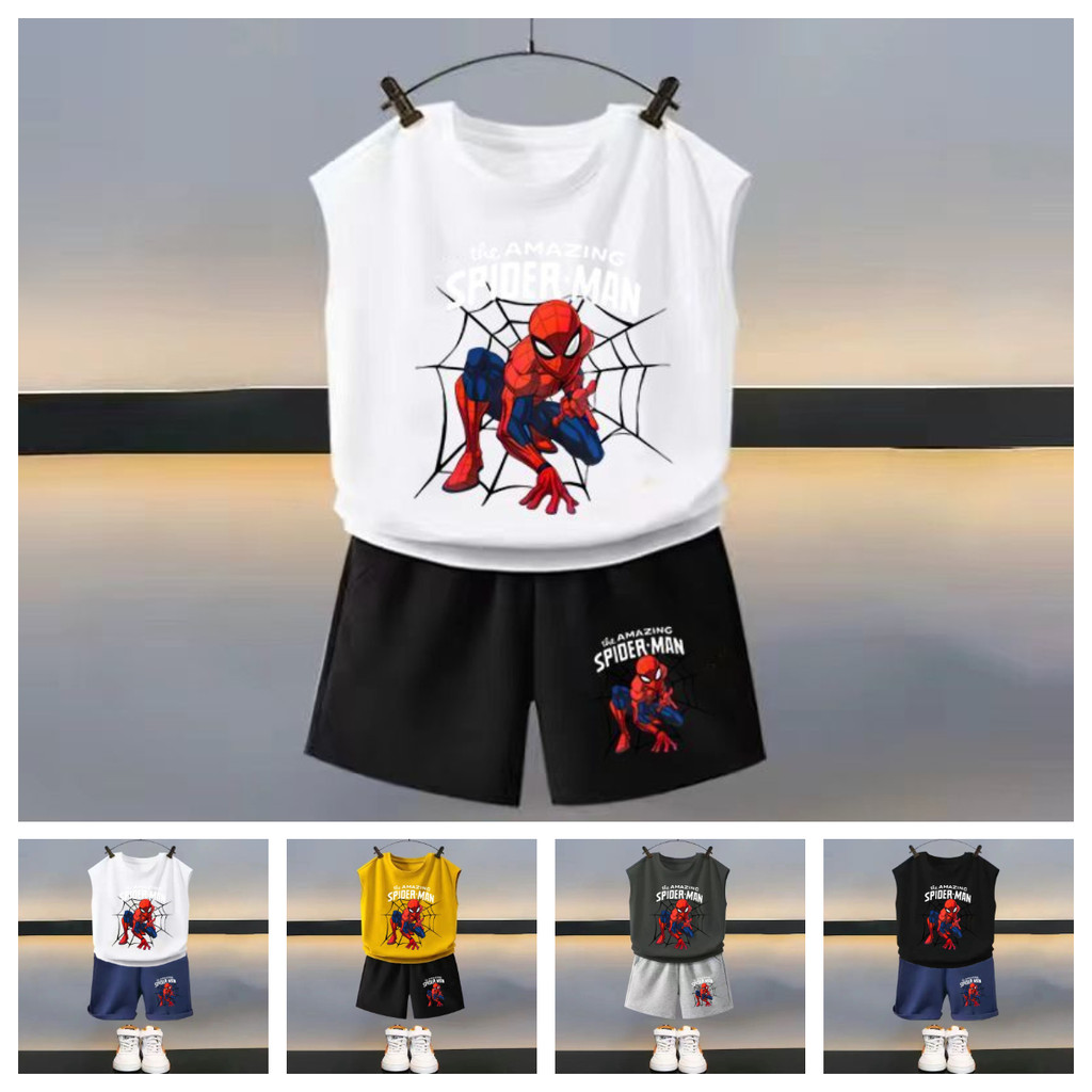 ชุดเสื้อกั๊กกางเกงขาสั้นแขนสั้นสำหรับเด็กชาย ทำจากผ้าฝ้าย100% ธีมมนุษย์แมงมุม สะดวกในการสวมใส่ในวันสบายๆ