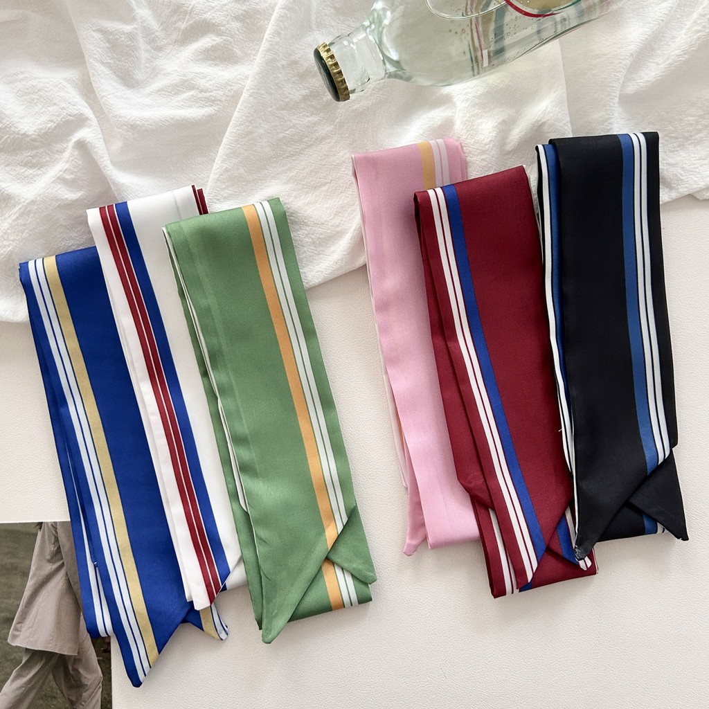 ผ้าพันคอผ้าไหมลายทางสีตัดกันสำหรับผู้หญิง สามารถใช้เป็นเครื่องประดับผมหรือคาดกระเป๋า