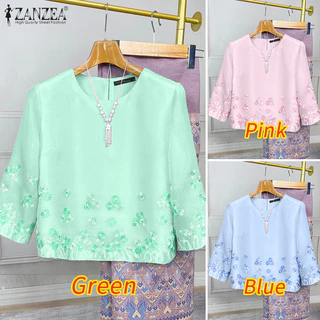 ZANZEA ซานเซีย สเวตเตอร์คอกลมแขน3/4 พิมพ์ลายดอกไม้ เสื้อย้อนยุคสำหรับผู้หญิง