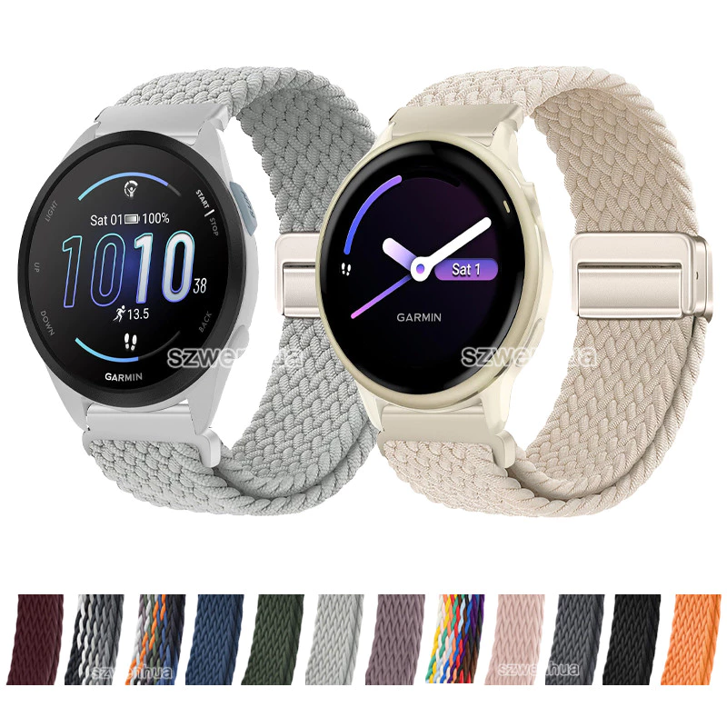 สายรัดข้อมือไนลอนถักยืดหยุ่นสำหรับ Garmin Forerunner 265 265s 255 55 158 165 Music 570 รุ่นหัวเข็มขัดแม่เหล็ก สามารถเปลี่ยนได้