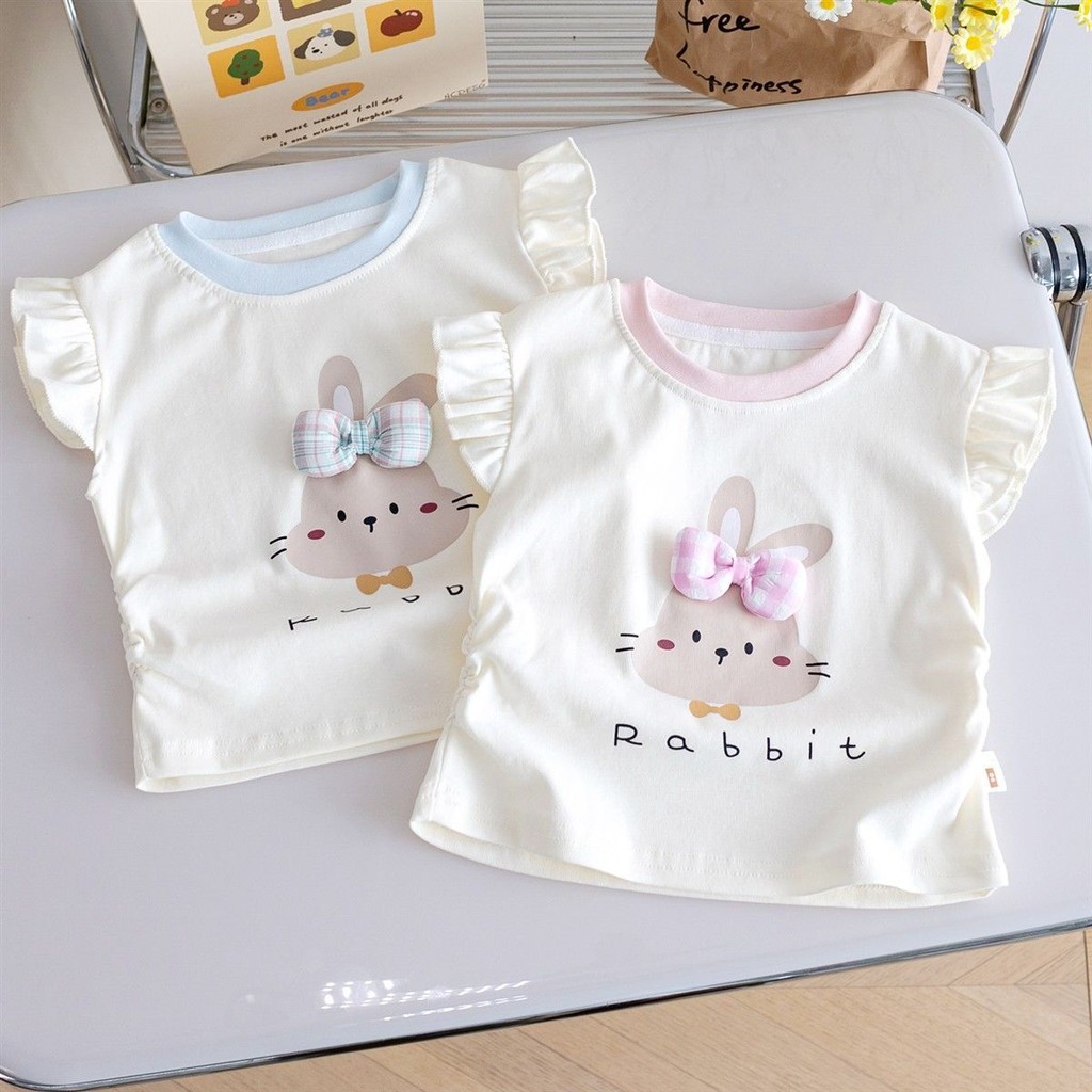 Girls Tops ฤดูร้อนการ์ตูนกระต่ายเสื้อยืดแขนสั้น Little Flying Sleeve Vest All-Match
