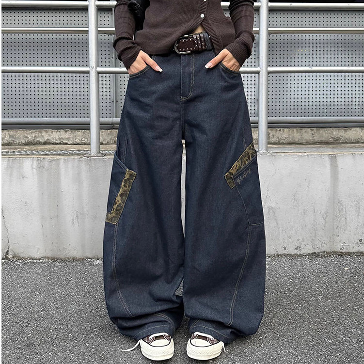 Hermarou S-XL กางเกงยีนส์เอวสูงสีฟ้าคลาสสิค ทรงโอเวอร์ไซซ์ พร้อมกระเป๋าใหญ่
