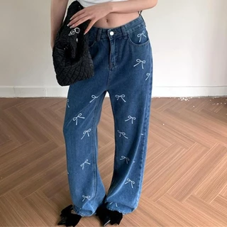 S-6XL กางเกงยีนส์สีดำเอวสูงสำหรับผู้หญิงในช่วงฤดูร้อน กางเกงขายาวทรงสกินนี่ทรงตรงพิมพ์ลายผีเสื้อ
