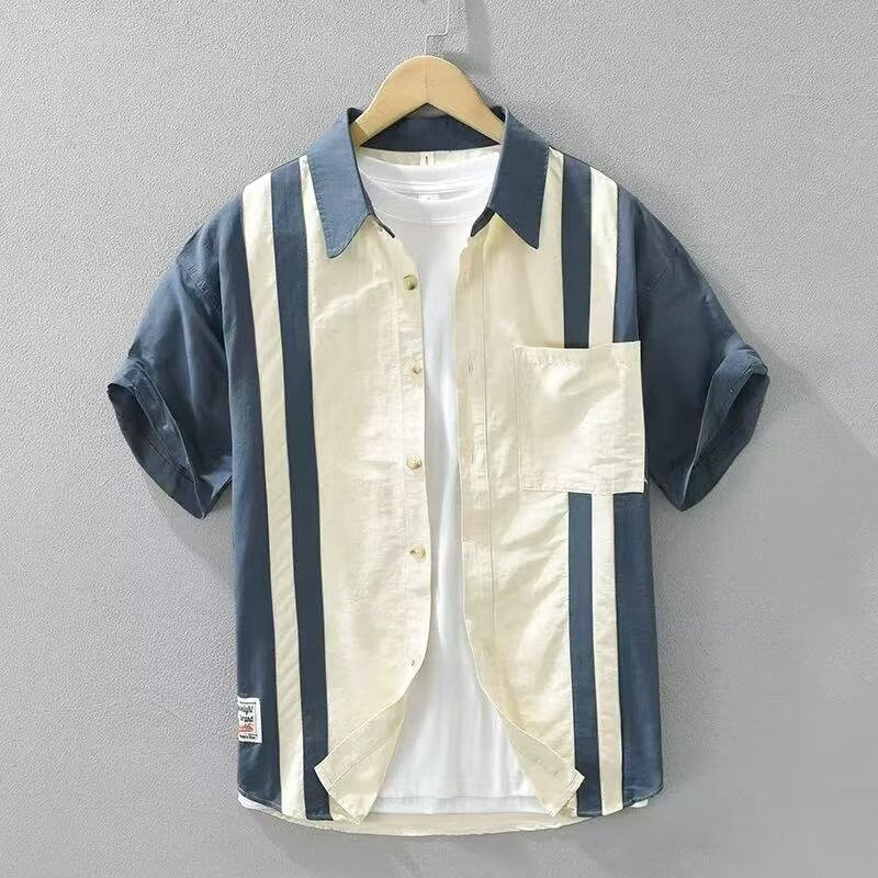 เสื้อลินินแขนสั้นสไตล์ญี่ปุ่นสำหรับผู้ชาย แต่งแบบแฟชันลำลอง