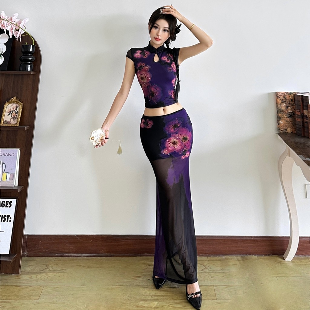 Kliou ชุดกระโปรง Skinny Navel สัมผัสเสื้อกั๊ก + พิมพ์ Sfumato ออกแบบสะโพกกระโปรงห่อ 2 ชิ้นชุดฤดูร้อน