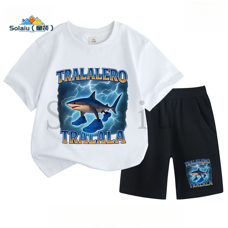 เด็กชุดกีฬา Shark Stickman เสื้อผ้าแขนสั้นเสื้อยืดกางเกงขาสั้นเด็กฤดูร้อนครึ่งแขน