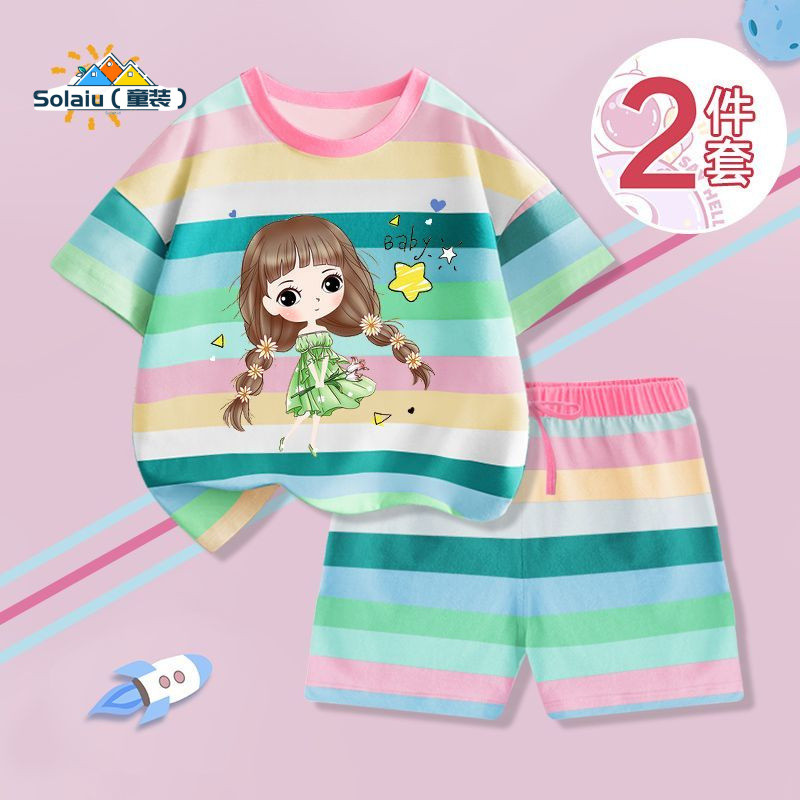 ชุดสูทเด็กผู้หญิงเสื้อยืดแขนสั้นชุดสองชิ้น Influencer Strip - รูปที่ 6