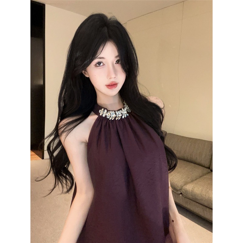 Classy กระโปรงเชิ้ตแขนกุดชีฟองสำหรับผู้หญิง ฤดูร้อน มีคริสตัลประดับ Halterneck - รูปที่ 2