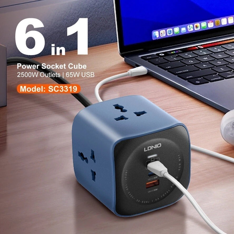 TOKONITA88 LDNIO SC3319 - Universal Outlet Power Socket Cube - 3 เต้ารับไฟฟ้า 2 พอร์ต USB-C 1 พอร์ต 