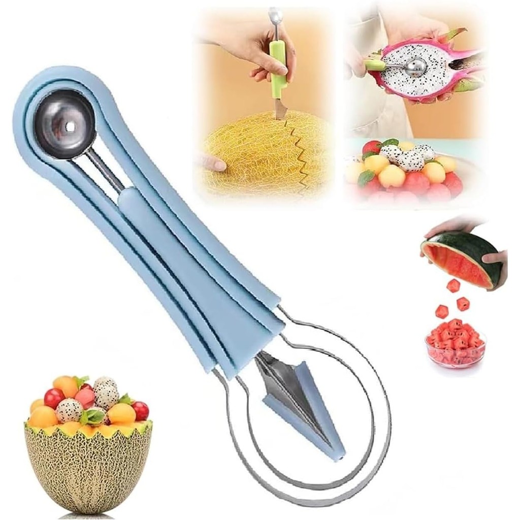 4 in 1 สแตนเลสสตีลผลไม้แกะสลักชุดเครื่องมือ Melon Baller Scooper Peeler Deseeder สำหรับแตงโมกีวีองุ่นสตรอเบอร์รี่ผัก