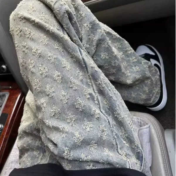 กางเกงยีนส์ baggy jeans หญิง กางเกงยีนส์ผู้ชายแบบ American High Street Jacquard พิมพ์ สลิมฟิต สำหรับ