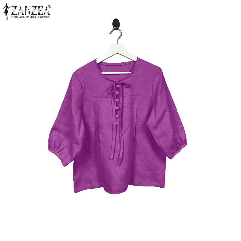 ZANZEA เสื้อลูกเรือสไตล์เกาหลีสำหรับผู้หญิง แขนยาว 3/4 พร้อมปุ่มและเชือกผูก