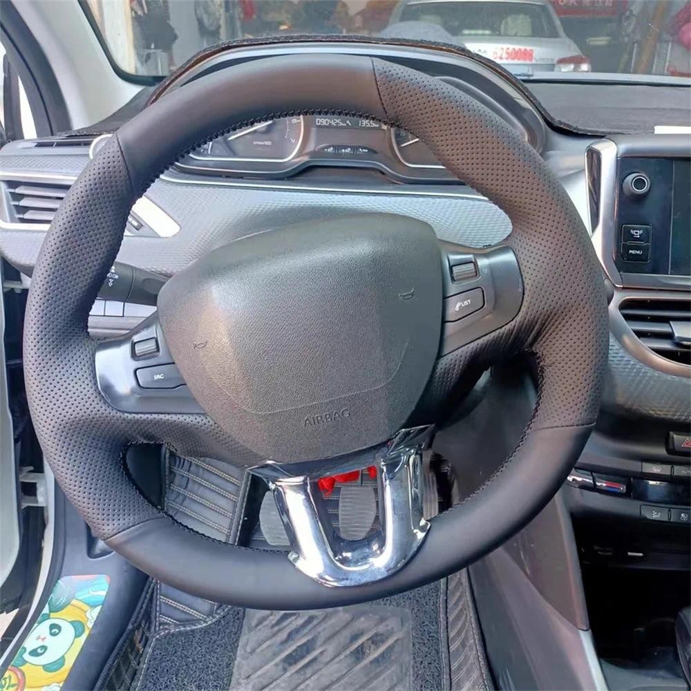 Anti-Slip DIY ฝาครอบพวงมาลัยสีดําไมโครไฟเบอร์หนังพวงมาลัยห่อรถอุปกรณ์เสริมสําหรับ Peugeot 208 Peugeo
