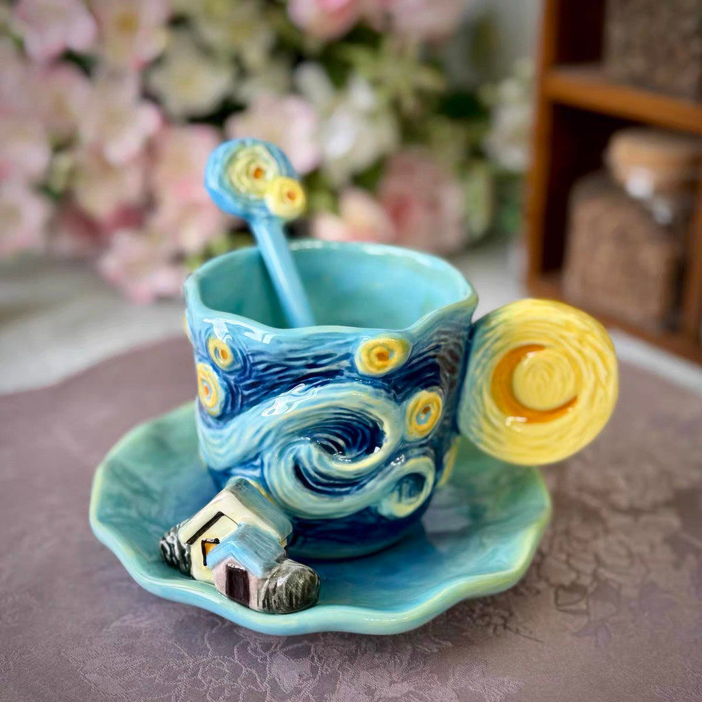 SG SELLER Square Asian Ceramic Starry Sky Cup Plate Set 3 ชิ้น Van Gogh Mug Water Cup Tea Cup Aftern