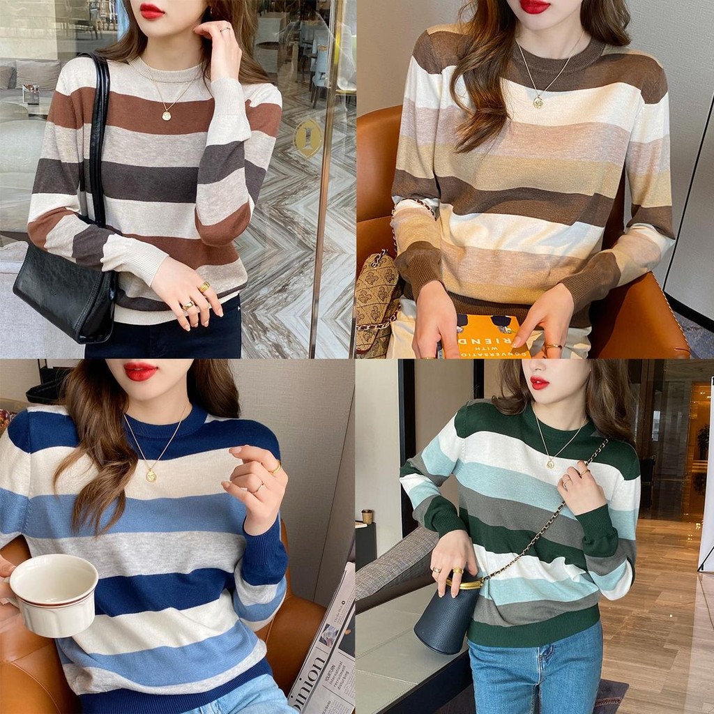 Chemsiegrace✅ 88009 เสื้อกันหนาวแขนยาวคอกลม ผ้าถัก ทรงหลวมลายทาง แฟชั่นฤดูใบไม้ นิมอลสุด