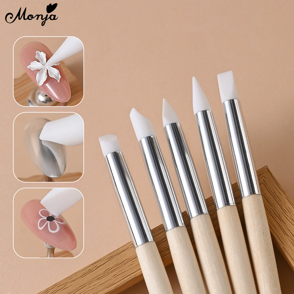 Monja เล็บซิลิโคนแปรง 3D Sculpting ปากกาแกะสลักแปรงนุ่มไม้ Handle ดอกไม้ประติมากรรม Stick ลายนูน DIY
