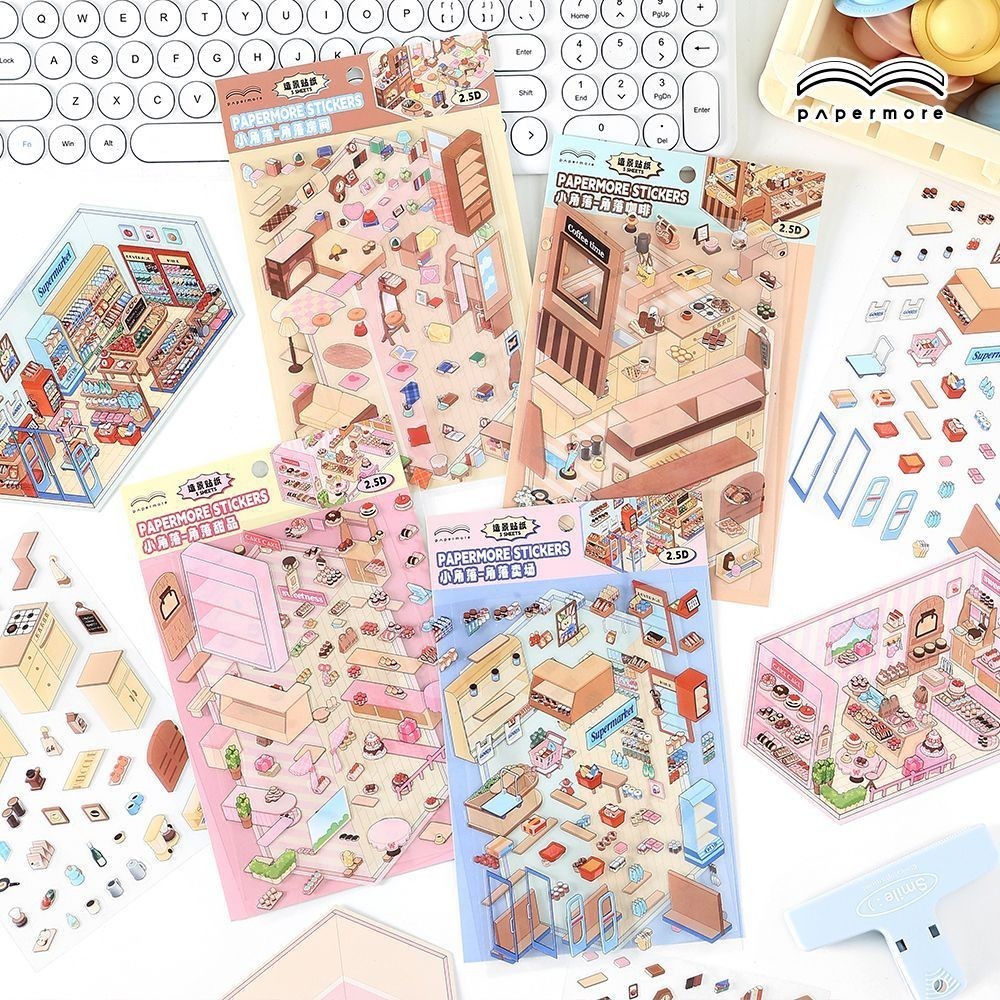 DIY 3D House ฉากสติกเกอร์กาแฟ Super Market House Make Your Own น่ารักสนุกซ้อนการ์ตูนขนาดเล็กสําหรับผ