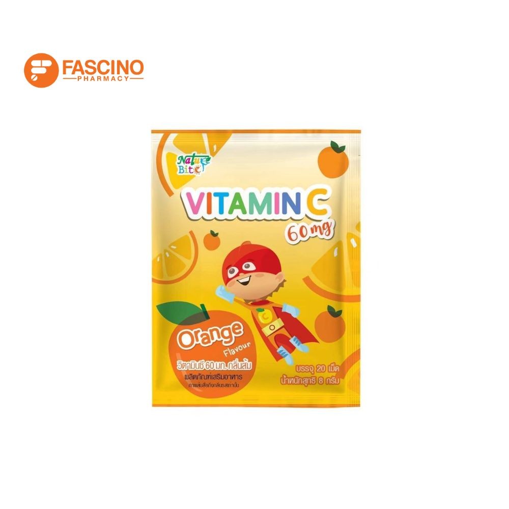 Natur Bite Vitamin C 60mg Orange Flavour ผลิตภัณฑ์เสริมอาหาร วิตามินซี กลิ่นส้ม (ซอง 20 เม็ด)