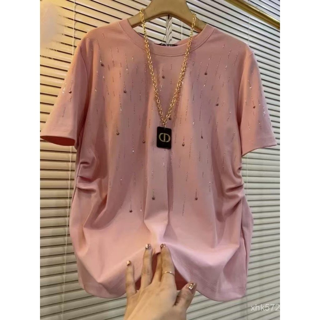 เสื้อยืดแขนสั้นสำหรับผู้หญิง ผ้าฝ้ายแท้ สไตล์ยุโรป ประดับพลอยเทียม ฤดูร้อน 2025 ไซส์ใหญ่กว่าปกติ