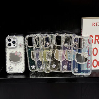 3Dการ์ตูนแมวกระจกโปร่งใสสีชมพูStar HardสําหรับiPhone 11 12 13 14 15 16 Pro MaxปลอกฝังRhinestoneรั้วขอบฝาครอบป้องกันการตกสําหรับiPhone11 กรณี