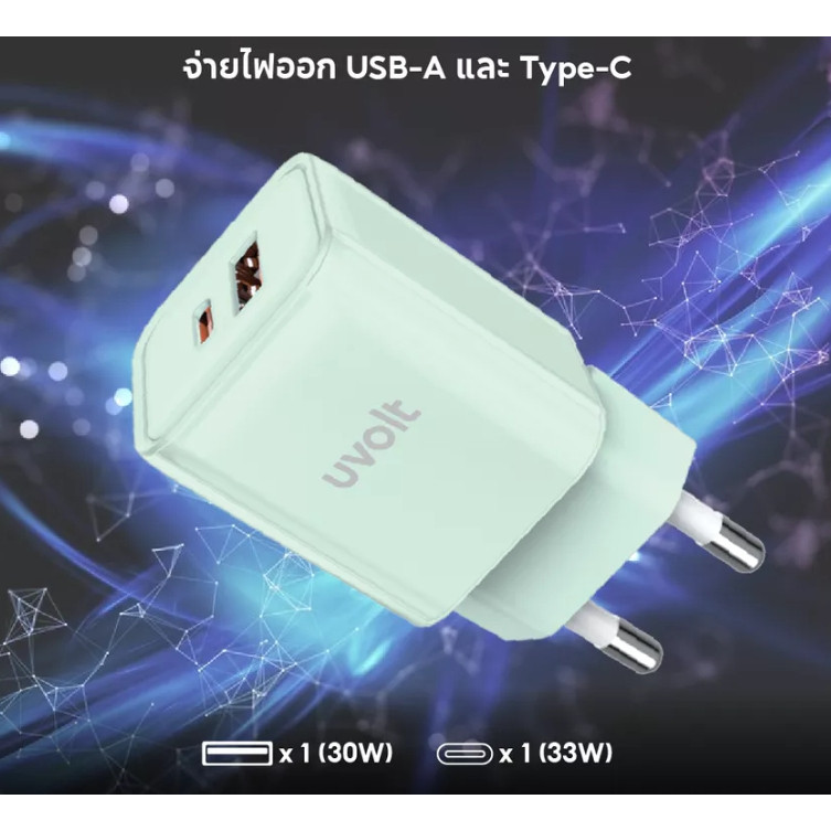 uvolt UVA33W-01 หัวชาร์จเร็ว PD20W Adapter Fast Charge ช่องชาร์จ Type-C / USB-A รับประกัน 2 ปี
