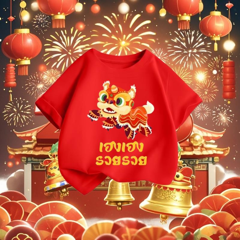 New Year's T-shirt Cute Red Short Sleeve Shirt Children's tshirt for kids