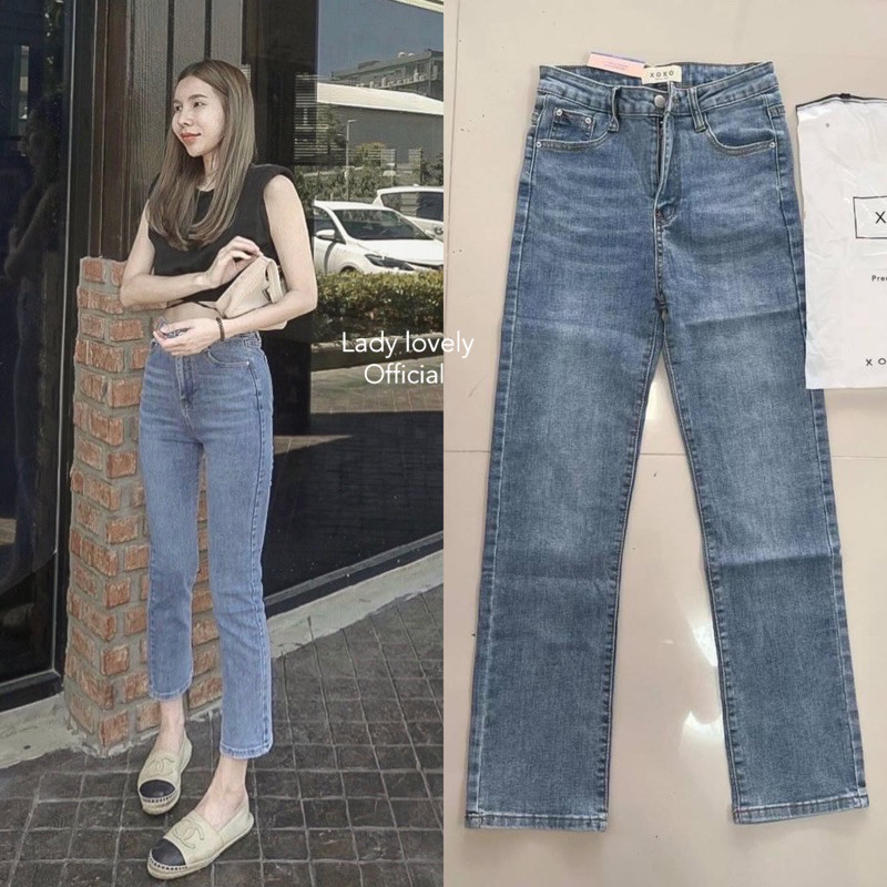 ยีนส์1809-13 เอวสูง ผ้านิ่ม กางเกงนำเข้าเกาหลี งานป้ายxoxo