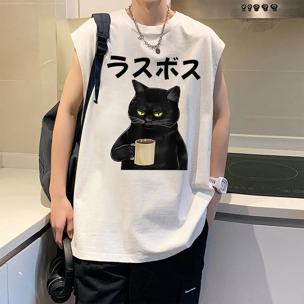 Sea.Tee [COD] เสื้อแขนกุด เสื้อผ้าผช oversize ผ้าฝ้าย 100% 'เสื้อ cat' S-3XL