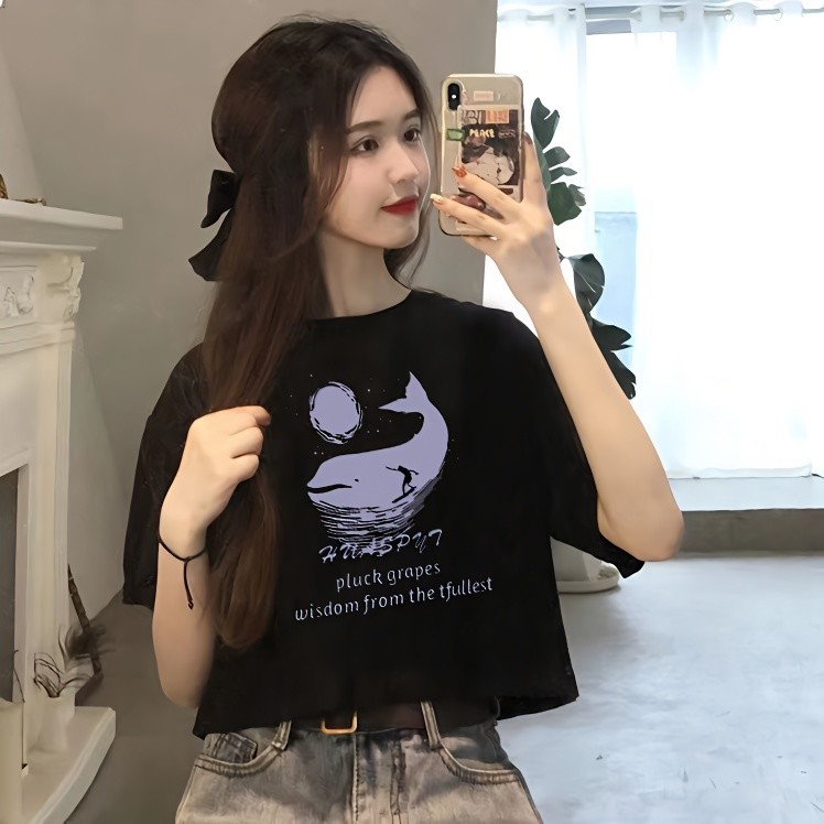 เสื้อครอปแขนสั้นเอวสูงสำหรับผู้หญิง คอกลม สไตล์เกาหลี เหมาะสำหรับฤดูร้อน