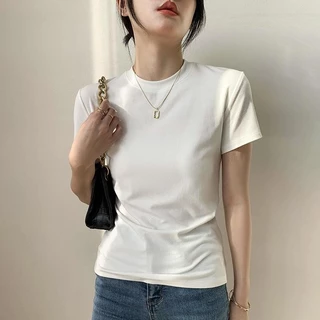 เสื้อยืดแขนสั้นผ้าฝ้าย ทรงสลิมฟิต สำหรับผู้หญิง คอกลม สีพื้น ท๊อป