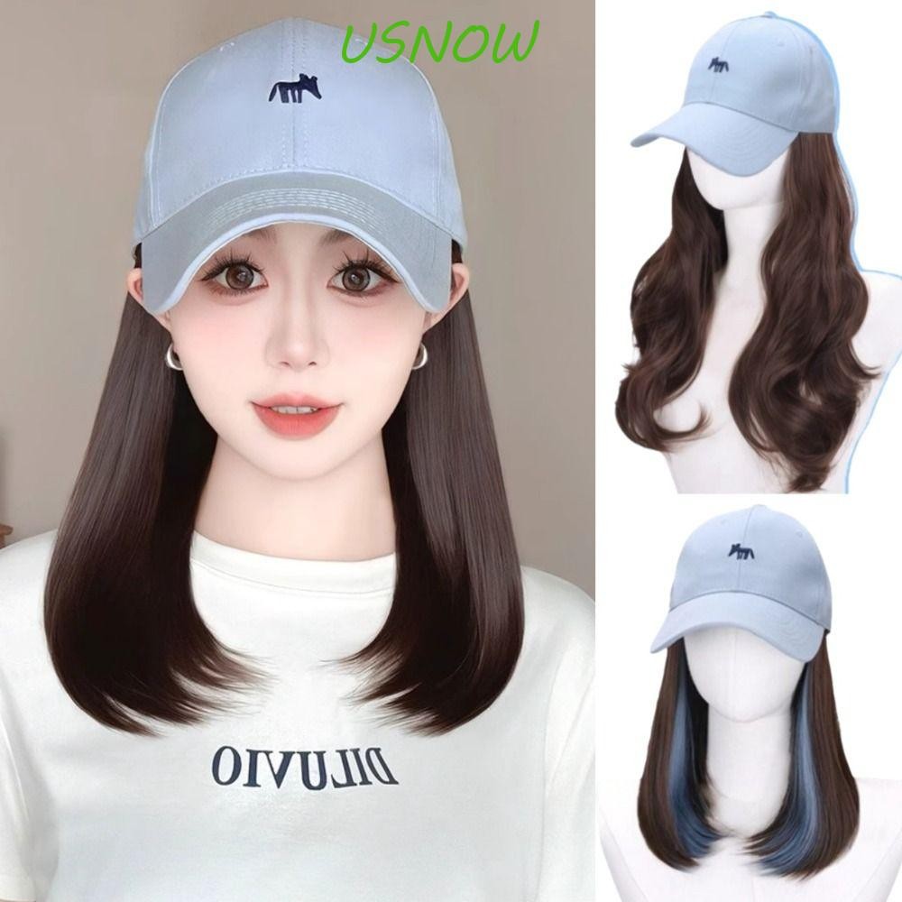 USNOW หมวกเบสบอลพร้อมวิกผม, ชิ้นเดียวไฮไลท์สีฟ้ายาวน้ําหยัก,แฟชั่นบ๊อบผมแฮร์แฮร์แฮร์พีซระบายอากาศปรับหมวกวิกผมกลางแจ้ง