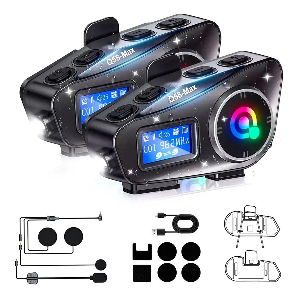 2 ชุด Q58-Max หมวกกันน็อครถจักรยานยนต์ชุดหูฟังบลูทูธ2-Way Intercom & Music Sharing จอแสดงผล LCD Mult