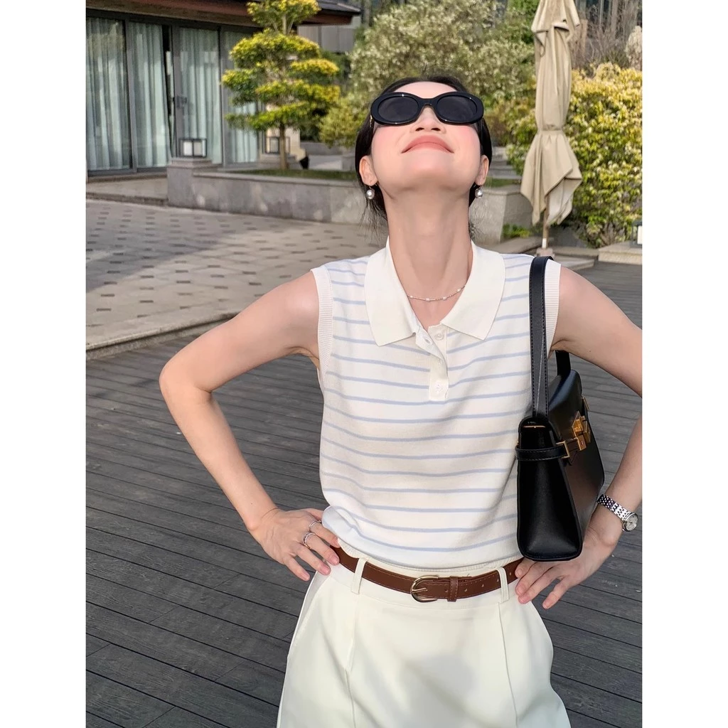 เสื้อคลุมกล้ามครอปแขนกุดแบบคอโปโลลายทาง สไตล์เก๋สำหรับทุกวัน