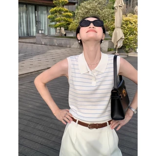 เสื้อคลุมกล้ามครอปแขนกุดแบบคอโปโลลายทาง สไตล์เก๋สำหรับทุกวัน