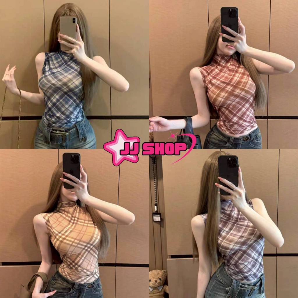 JJ shop💜 พร้อมส่ง เสื้อแขนสั้น/เกาะอกเสริมฟองน้ำ น่ารักๆ ดีเทลลายสก็อตสีพาสเทลน่ารักเกาหลีมาก "FY2133/FY8711"