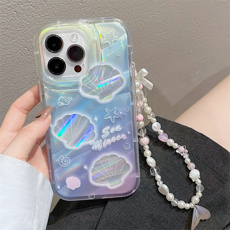 [พร้อมสร้อยข้อมือ] เคสกันกระแทกสำหรับ iPhone 11 13 16 Pro Max 7 8 Plus XR 12 14 15 Pro Max XS Max เคสลายเปลือกหอยเลเซอร์