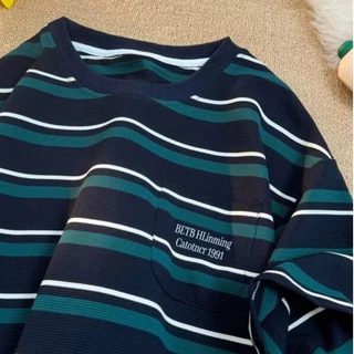 ProMan-ผู้ชายลายทางวาฟเฟิลด์แขนสั้น สีต่อ คอกลม สไตล์วิทยาลัย ลำลอง กีฬา