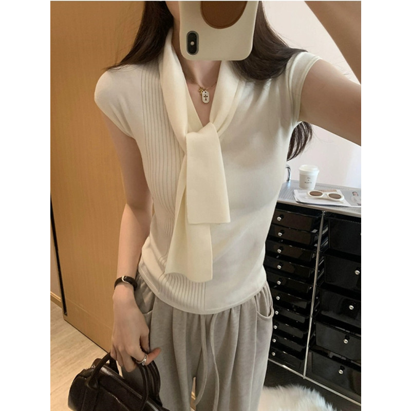 สไตล์เกาหลีภาษาฝรั่งเศสคํา Laced-Up เสื้อแขนกุดผู้หญิงฤดูใบไม้ผลิฤดูร้อนสไตล์ใหม่อารมณ์ V คอด้านใน B