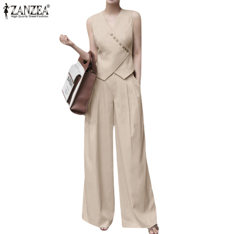 ZANZEA ซานเซีย ผู้หญิงเกาหลีคอวีสีทึบออกแบบผิดปกติชุดแขนกุดขากว้าง
